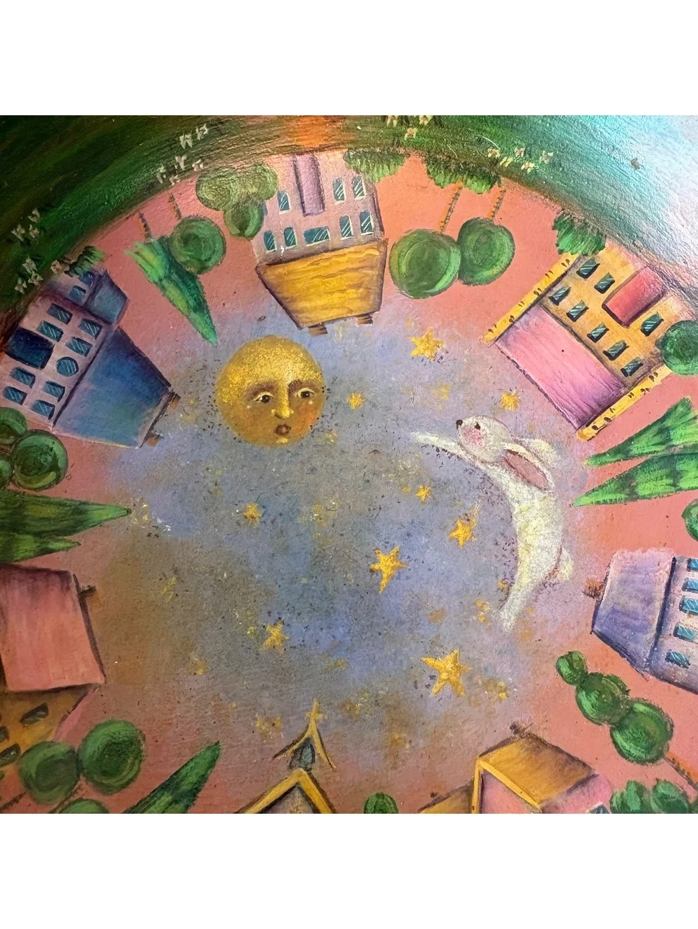 Hand Painted Wooden Wall Bowl Folk Art Moon Rabbit Village 15” Gift Idea for Her